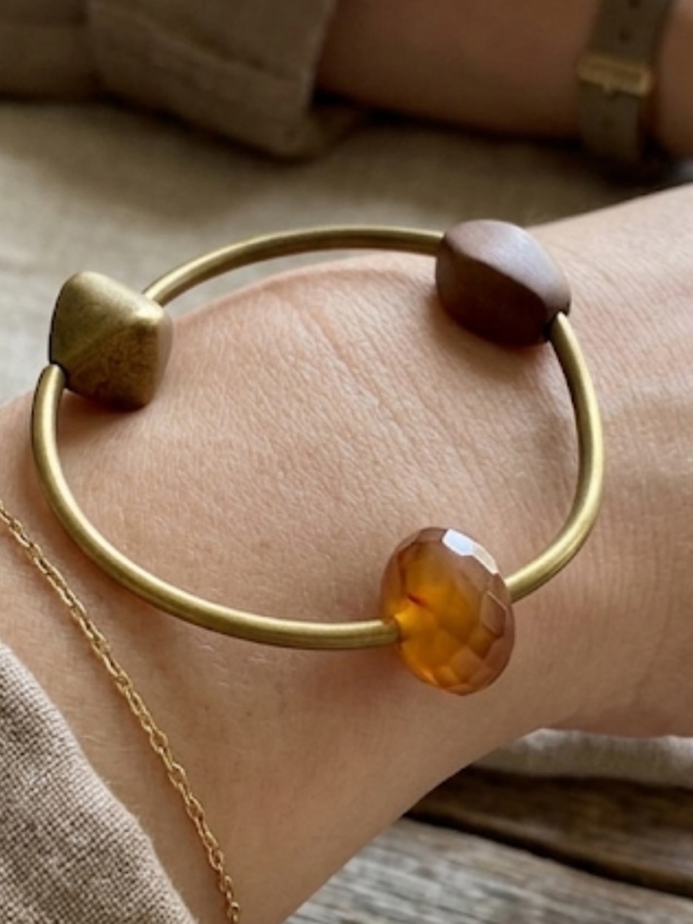 Brown Bead Accent Stretch Bracelet - Brushed Gold Tone